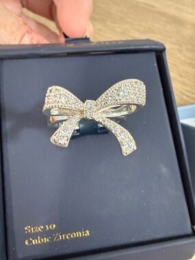 Pave Bow Ring in Silver Tone with Clear Stones, NWT, Size 10